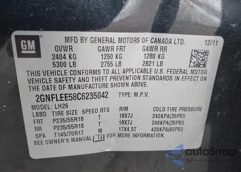 2012 Chevrolet Equinox 1Lt из США, поврежденный, VIN 2GNFLEE58C6235042